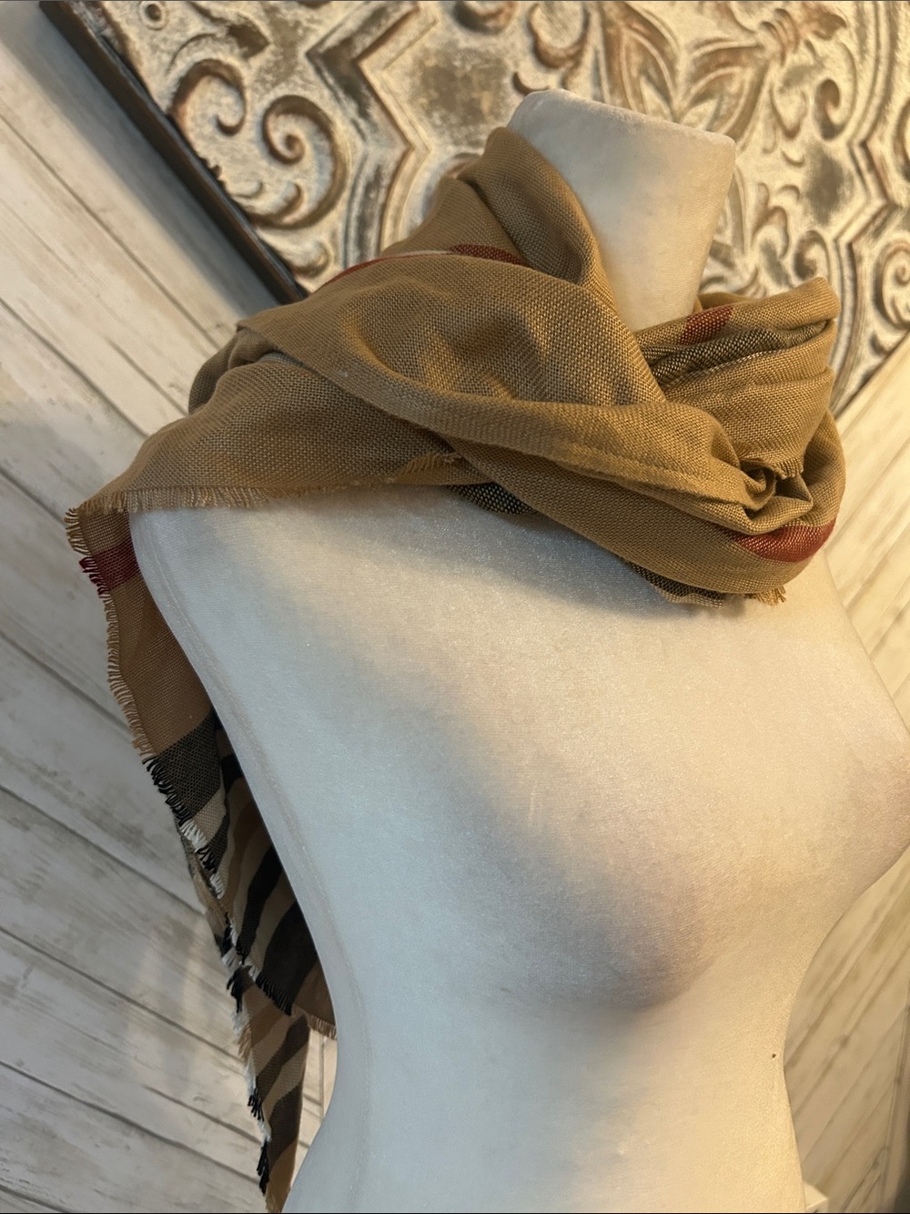 Women’s triangular scarf, black, tan, white, red plaid